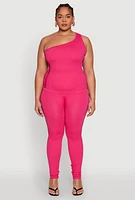 Womens Plus Size Laser Cut Side One Shoulder Top, Pink, Size 2X-3X
