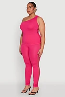 Womens Plus Size Laser Cut Side One Shoulder Top, Pink, Size 2X-3X