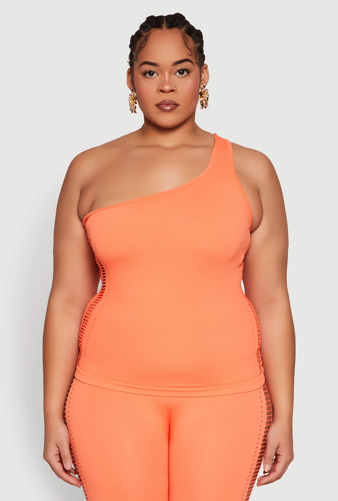 Womens Plus Size Laser Cut Side One Shoulder Top, Orange, Size 2X-3X