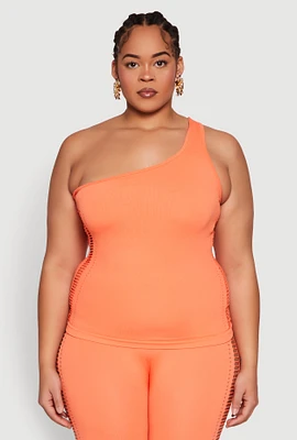 Womens Plus Size Laser Cut Side One Shoulder Top, Orange, Size 2X-3X