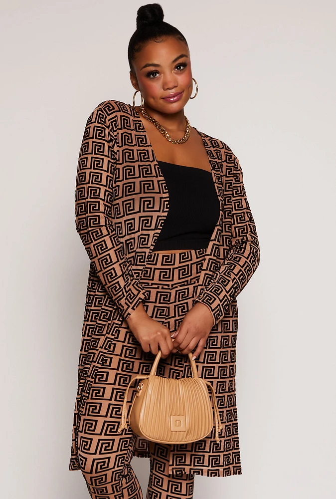 Womens Plus Size Velvet Burnout Greek Key Duster, Brown, Size 1X