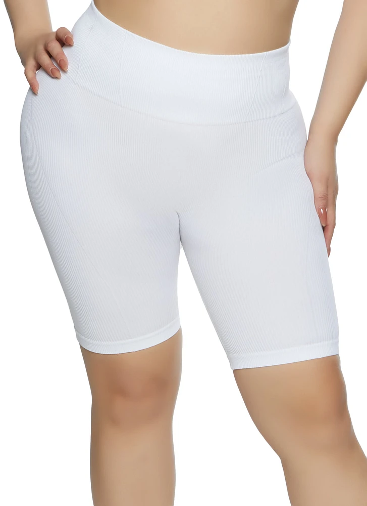 Womens Plus Size Seamless Ribbed Biker Shorts, White, Size 1X-2X