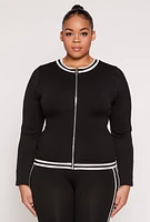 Womens Plus Size Seamless Varsity Stripe Track Jacket, Black, Size 1X-2X