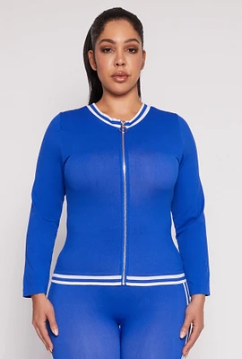 Womens Plus Size Seamless Varsity Stripe Track Jacket, Blue, Size 2X-3X