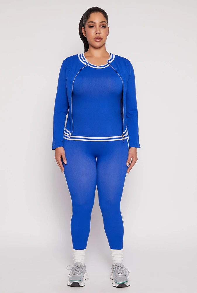 Womens Plus Size Seamless Varsity Stripe Track Jacket, Blue, Size 1X-2X