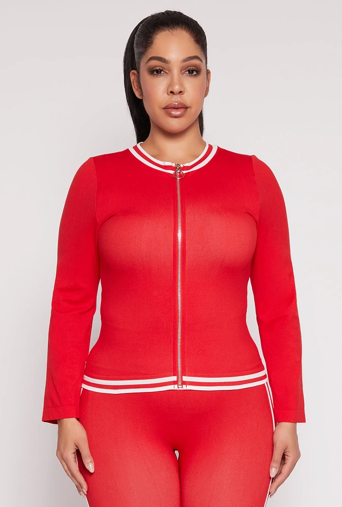 Womens Plus Size Seamless Varsity Stripe Track Jacket, Red, Size 1X-2X