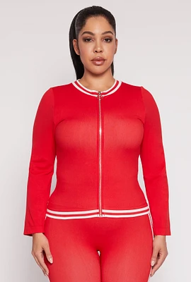 Womens Plus Size Seamless Varsity Stripe Track Jacket, Red, Size 1X-2X