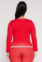 Womens Plus Size Seamless Varsity Stripe Track Jacket, Red, Size 1X-2X