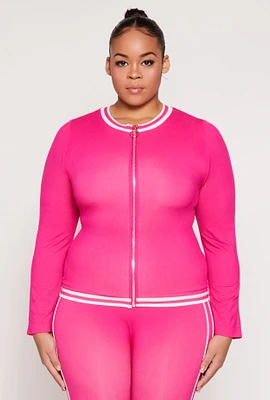 Womens Plus Size Seamless Varsity Stripe Track Jacket, Pink, Size 2X-3X