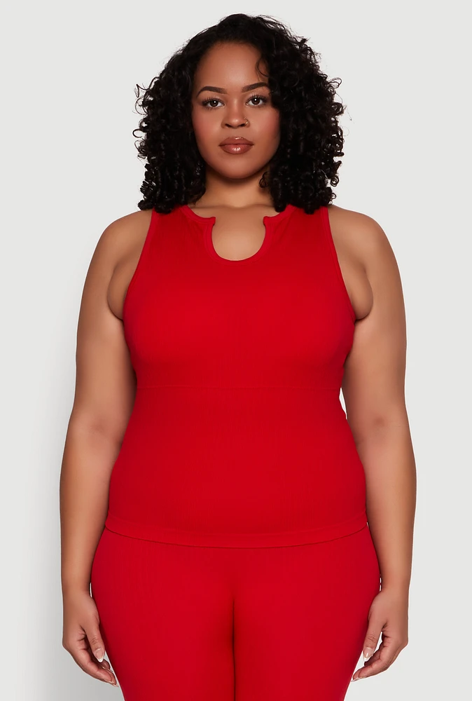 Womens Plus Size Seamless Ribbed Notch Neck Tank Top, Red, Size 2X-3X