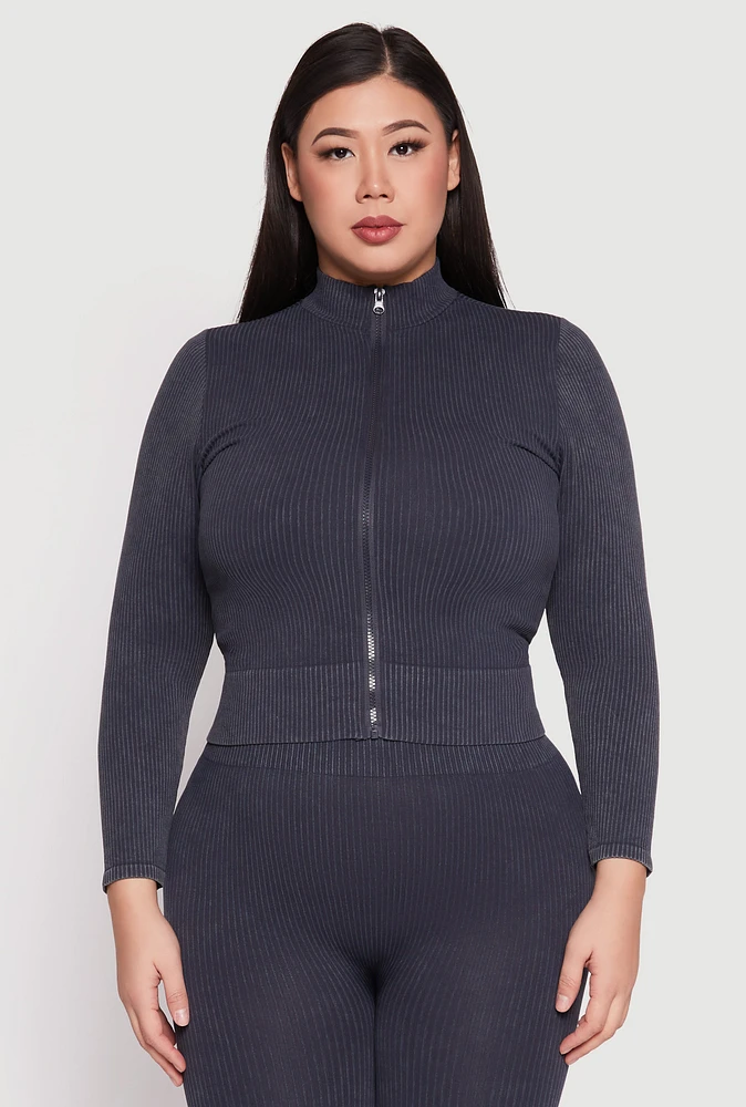 Womens Plus Size Seamless Acid Wash Zip Front Top, Black, Size 1X-2X