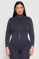 Womens Plus Size Seamless Acid Wash Zip Front Top, Black, Size 1X-2X