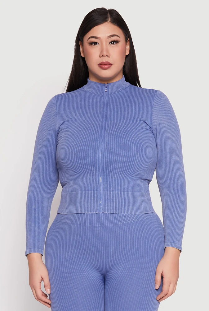 Womens Plus Size Seamless Acid Wash Zip Front Top, Blue, Size 2X-3X