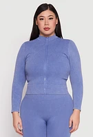 Womens Plus Size Seamless Acid Wash Zip Front Top, Blue, Size 2X-3X