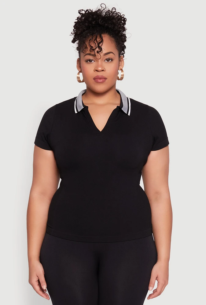 Womens Plus Size Contrast Trim Polo Shirt, Black, Size 2X-3X