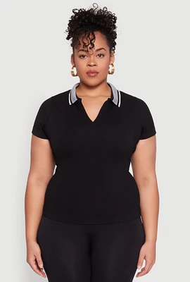 Womens Plus Size Contrast Trim Polo Shirt, Black, Size 2X-3X