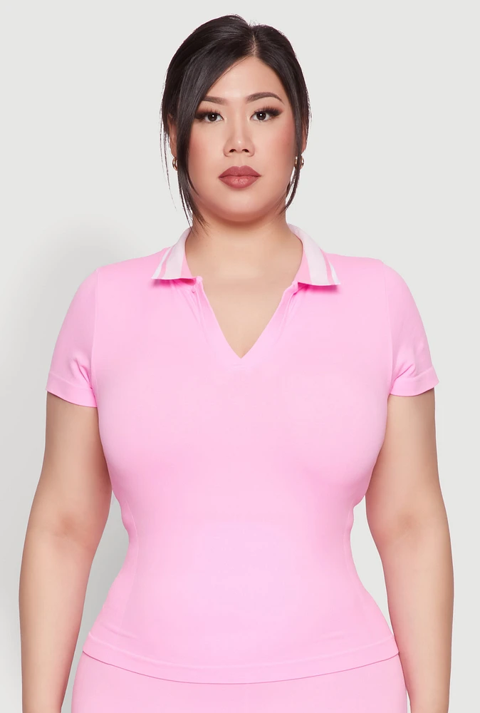 Womens Plus Size Contrast Trim Polo Shirt, Pink, Size 2X-3X