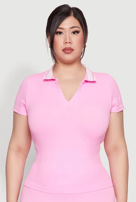 Womens Plus Size Contrast Trim Polo Shirt, Pink, Size 2X-3X