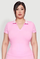 Womens Plus Size Contrast Trim Polo Shirt, Pink, Size 2X-3X