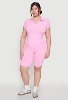 Womens Plus Size Contrast Trim Polo Shirt, Pink, Size 2X-3X