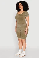 Womens Plus Size Mineral Wash Scoop Neck Tee, Green, Size 1X-2X