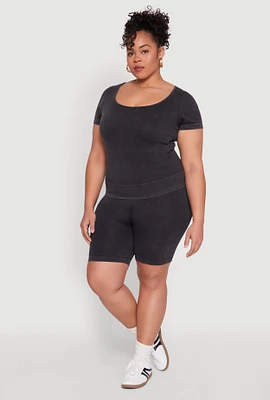Womens Plus Size Mineral Wash Biker Shorts, Black, Size 2X-3X
