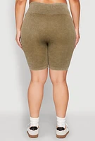 Womens Plus Size Mineral Wash Biker Shorts, Green, Size 2X-3X
