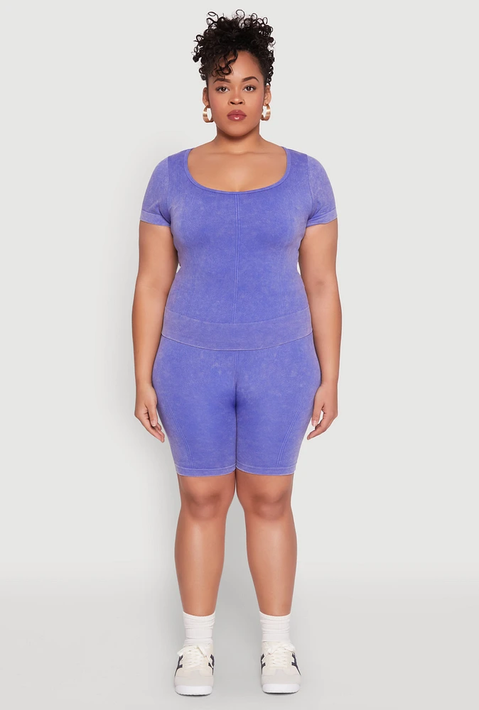 Womens Plus Size Mineral Wash Biker Shorts, Purple, Size 2X-3X