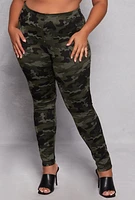 Womens Plus Camo Print Pull On Pants, Green,