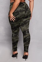 Womens Plus Camo Print Pull On Pants, Green,