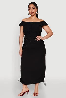 Womens Plus Nylon Toggle Drawstring Maxi Skirt,