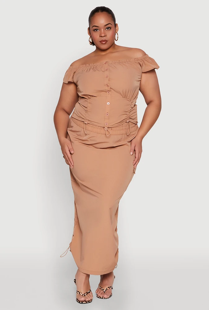 Womens Plus Size Nylon Toggle Drawstring Maxi Skirt, Khaki, Size 1X