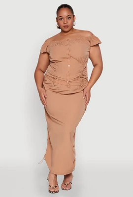 Womens Plus Size Nylon Toggle Drawstring Maxi Skirt, Khaki, Size 1X