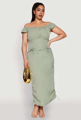Womens Plus Nylon Toggle Drawstring Maxi Skirt,