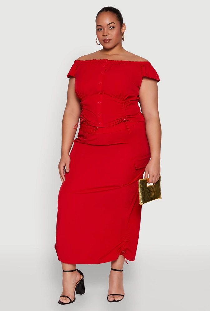 Womens Plus Size Nylon Toggle Drawstring Maxi Skirt, Red, Size 2X