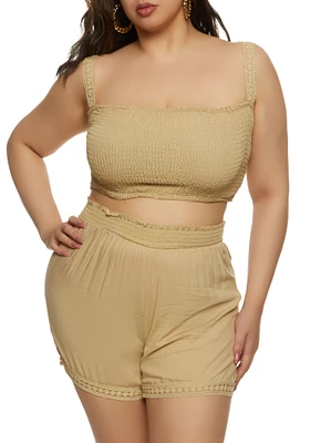 Womens Plus Size Eyelet Trim Smocked Tank Top, Beige, Size 2X