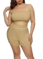Womens Plus Size Eyelet Trim Smocked Tank Top, Beige, Size 2X