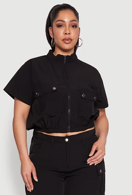 Womens Plus Nylon Utility Zip Front Top, 3X
