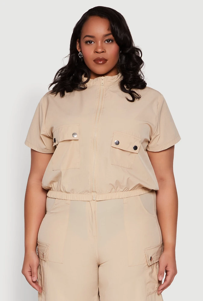 Womens Plus Size Nylon Utility Zip Front Top, Beige, Size 3X