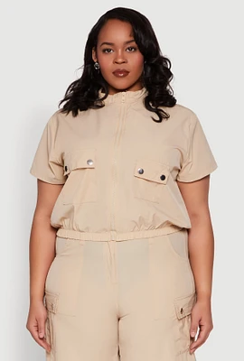 Womens Plus Size Nylon Utility Zip Front Top, Beige, Size 3X