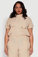 Womens Plus Size Nylon Utility Zip Front Top, Beige, Size 3X