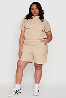 Womens Plus Size Nylon Utility Zip Front Top, Beige, Size 3X