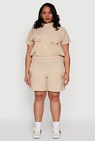 Womens Plus Size Nylon Utility Zip Front Top, Beige, Size 2X