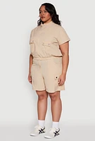 Womens Plus Size Nylon Utility Zip Front Top, Beige, Size 3X