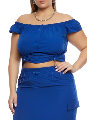 Womens Plus Size Off the Shoulder Button Front Top, Blue, Size 2X