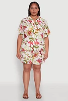 Womens Plus Floral Print Button Front Shirt, Multi,