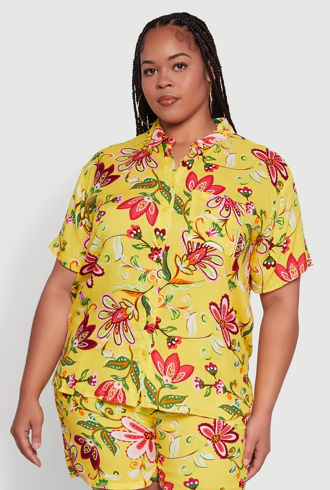Womens Plus Size Floral Print Button Front Shirt, Multi, Size 2X
