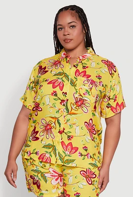 Womens Plus Size Floral Print Button Front Shirt, Multi, Size 2X