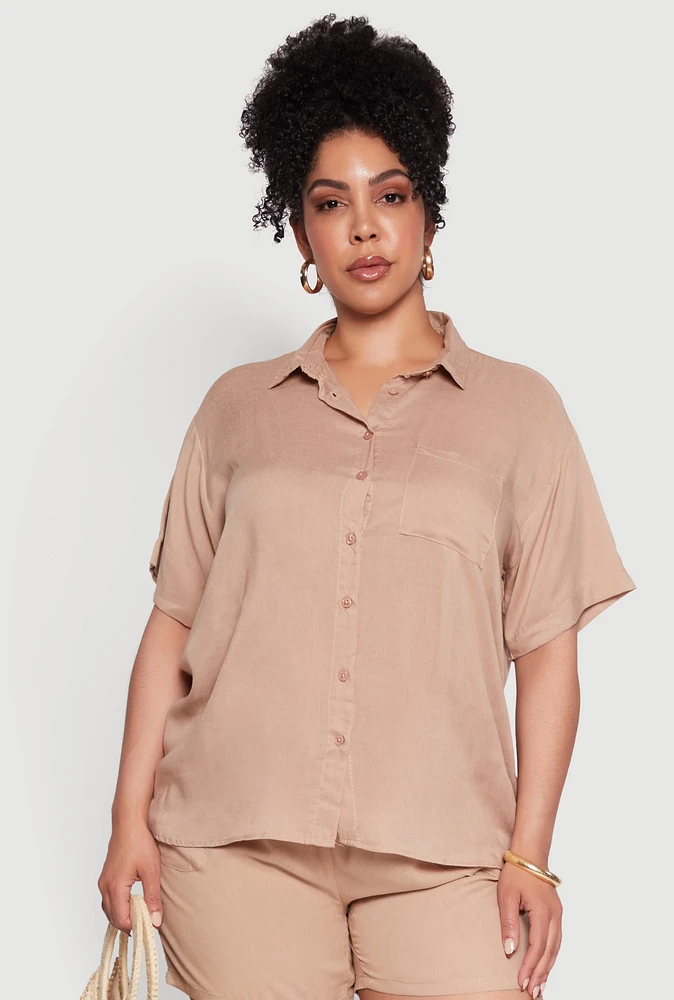Womens Plus Size Classic Fit Button Front Short Sleeve Shirt, Beige, Size 3X