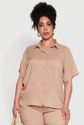 Womens Plus Size Classic Fit Button Front Short Sleeve Shirt, Beige, Size 3X